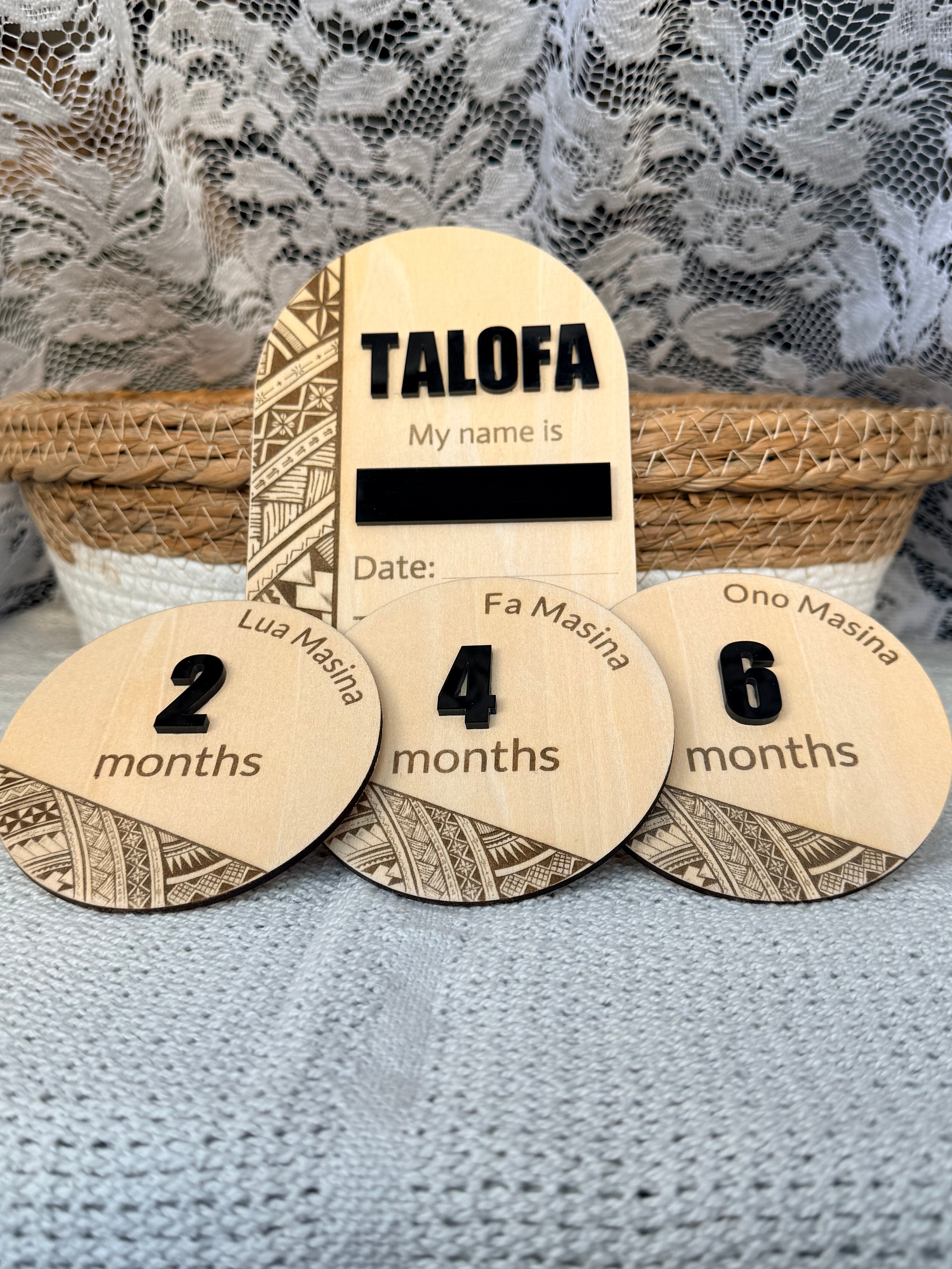 Samoan Monthly Milestone Discs and Birth Announcement.