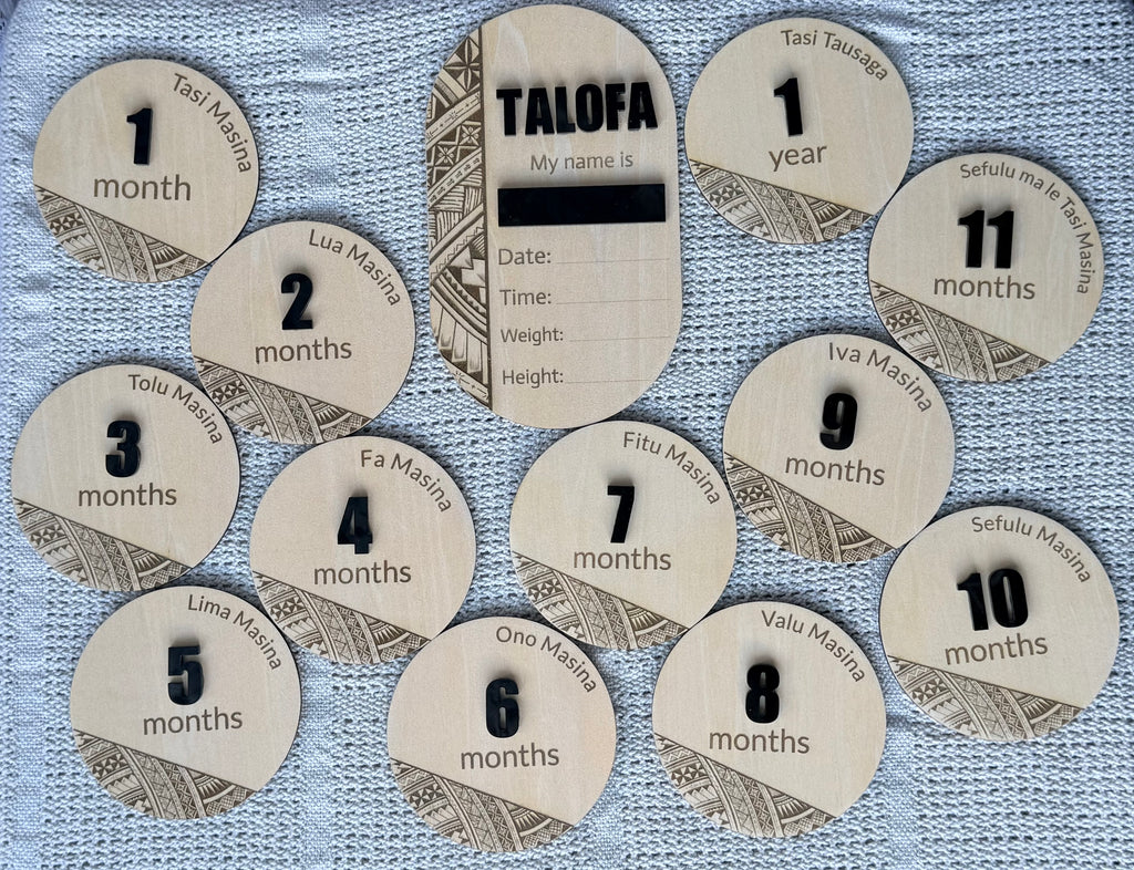 Samoan Monthly Milestone Discs and Birth Announcement.