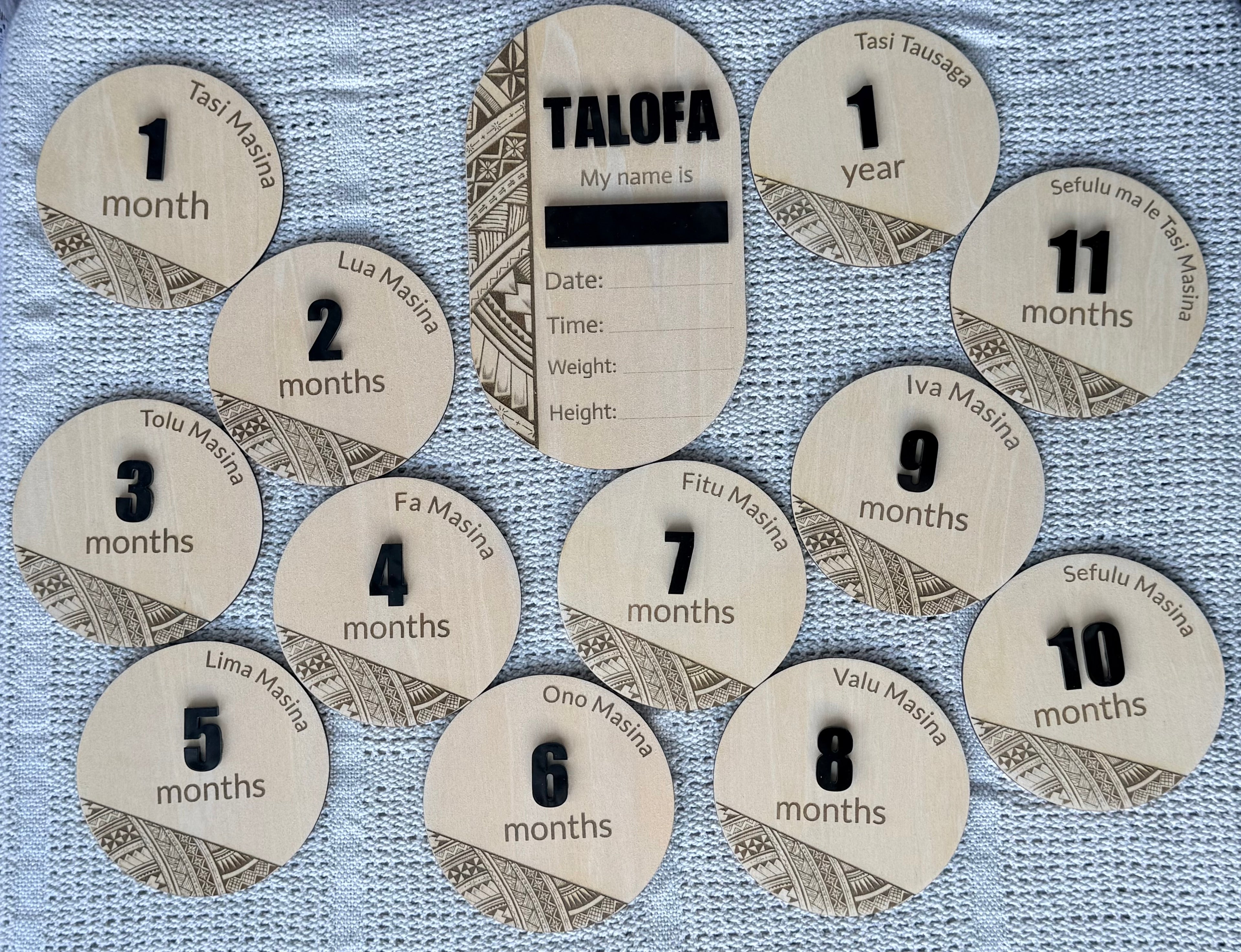 Samoan Monthly Milestone Discs and Birth Announcement.